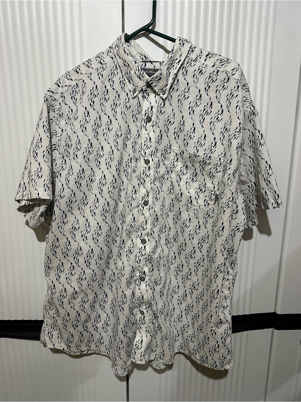 Eddie Bauer White Short-Sleeve Button-Down with Black Wave Print
